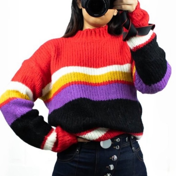 NWT Sanctuary x REVOVLE Party Stripe Sweater Wool Alpaca Soft Red Yellow Purple - Picture 6 of 16